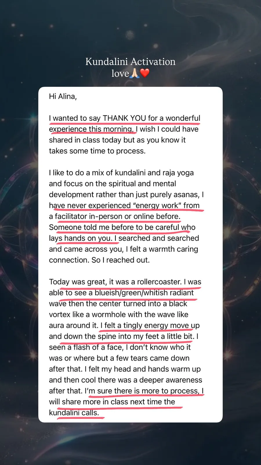Message from a Kundalini Activation participant, shared by Alina