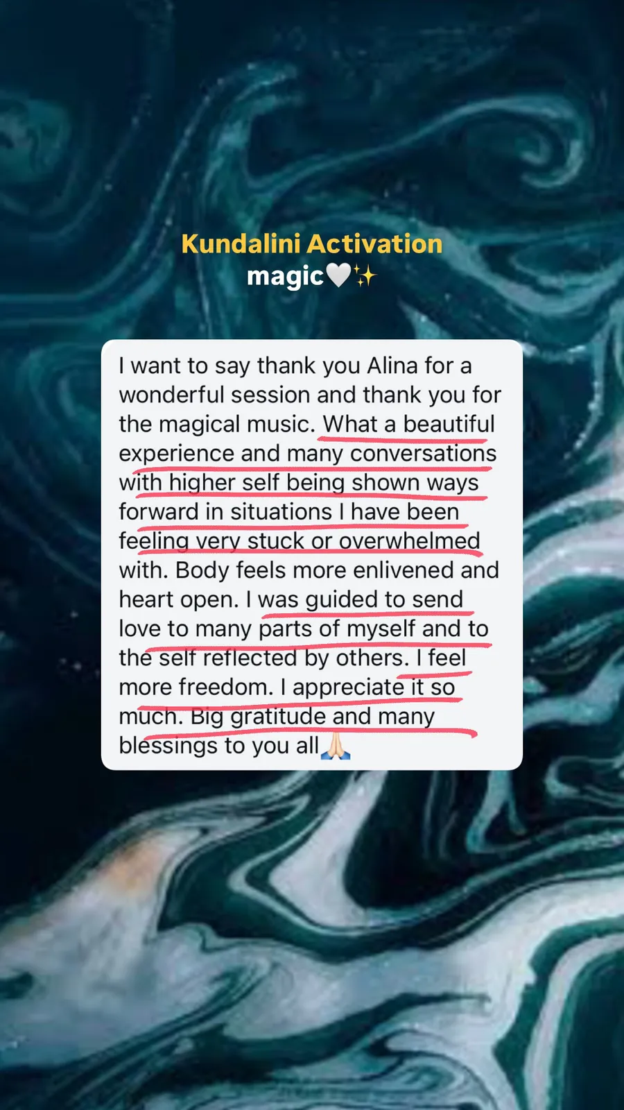 Message from a Kundalini Activation participant, shared by Alina