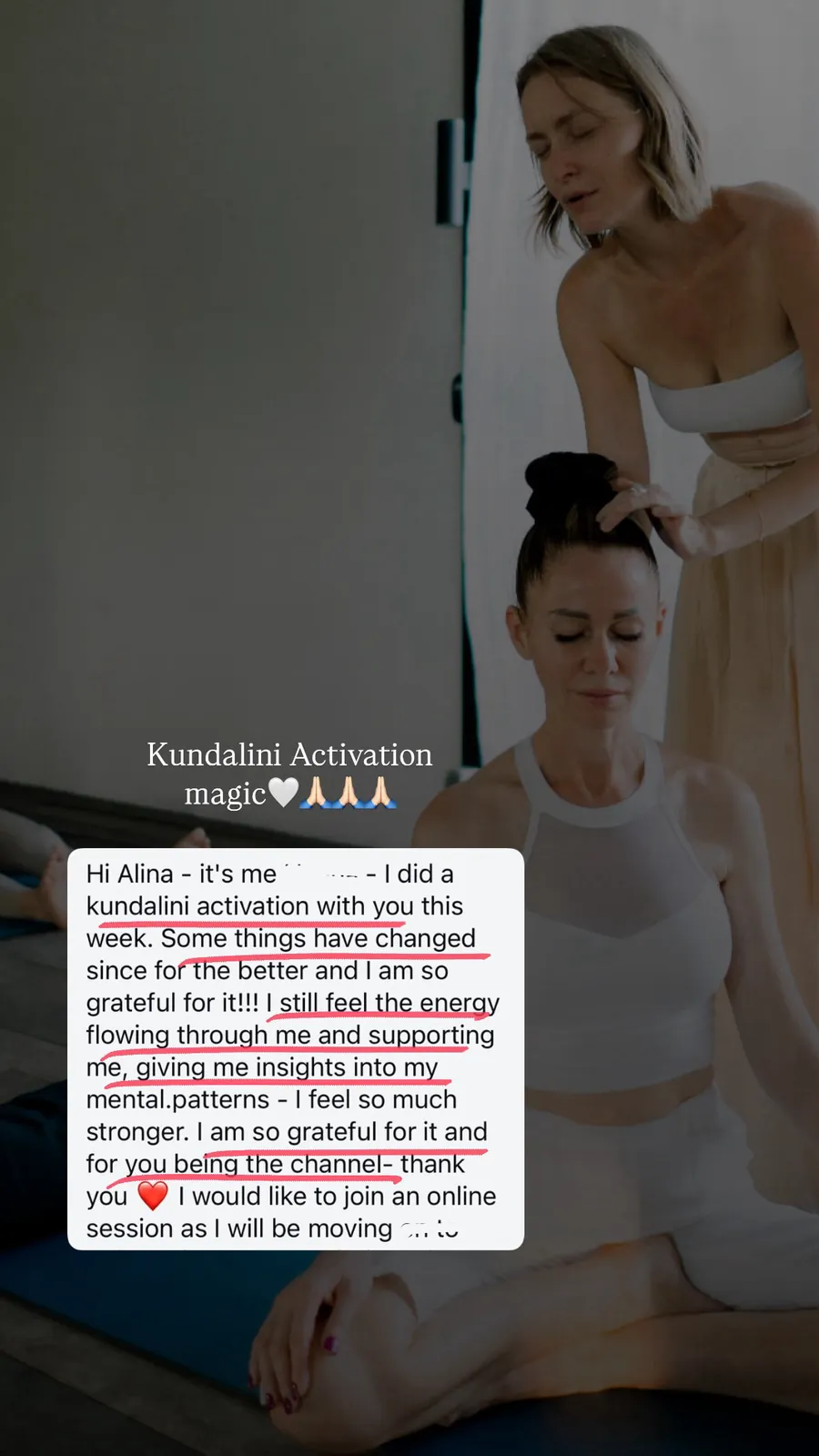 Message from a Kundalini Activation participant, shared by Alina
