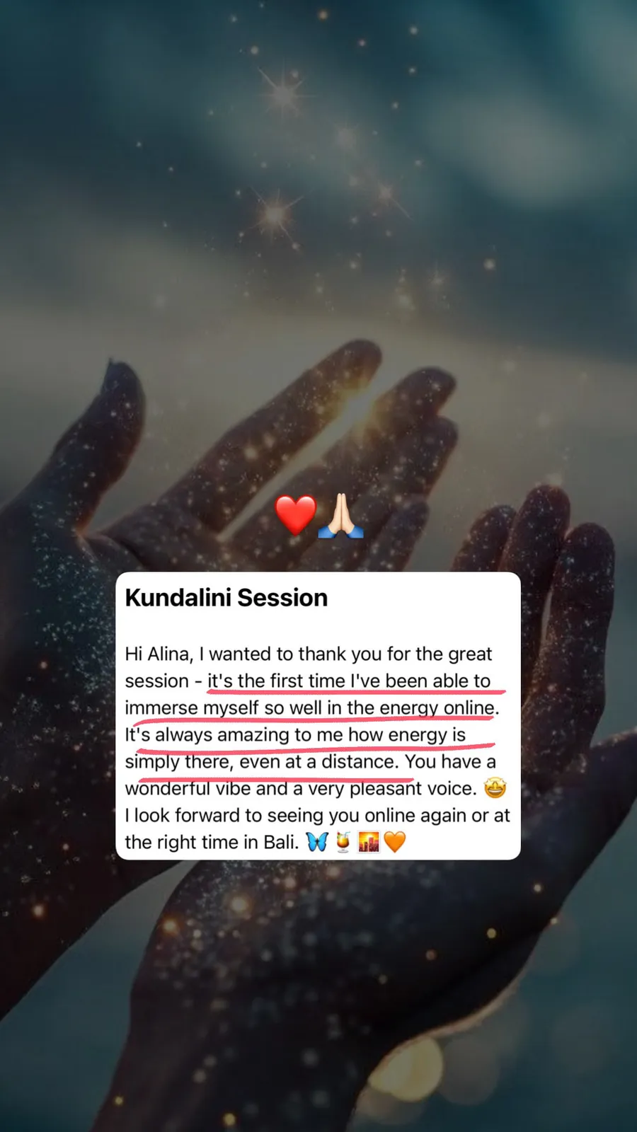 Message from a Kundalini Activation participant, shared by Alina