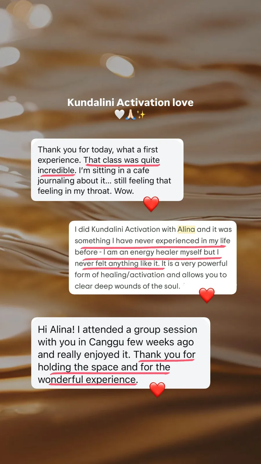 Message from a Kundalini Activation participant, shared by Alina