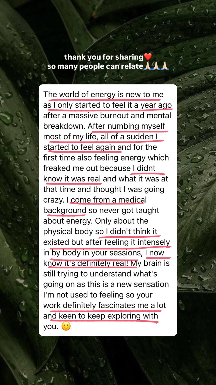 Message from a Kundalini Activation participant, shared by Alina