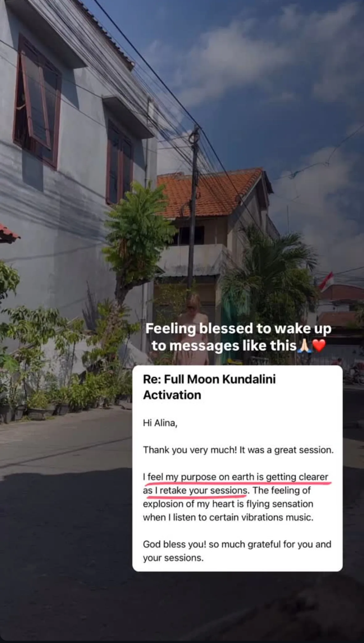 Message from a Kundalini Activation participant, shared by Alina
