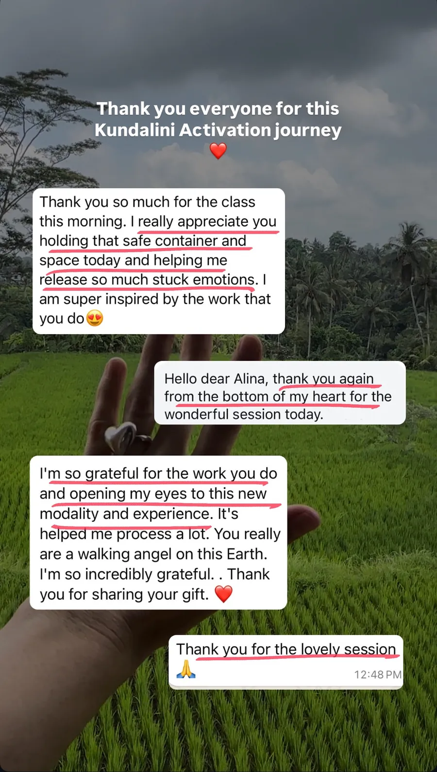 Message from a Kundalini Activation participant, shared by Alina