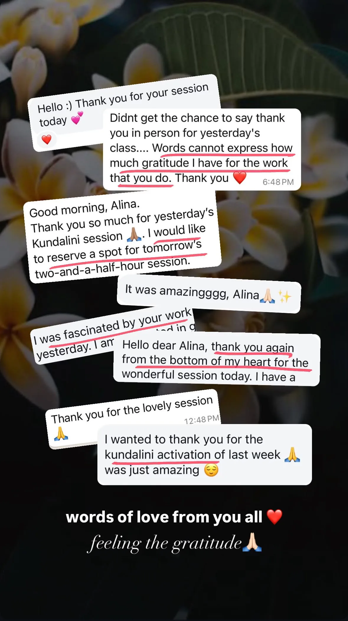 Message from a Kundalini Activation participant, shared by Alina