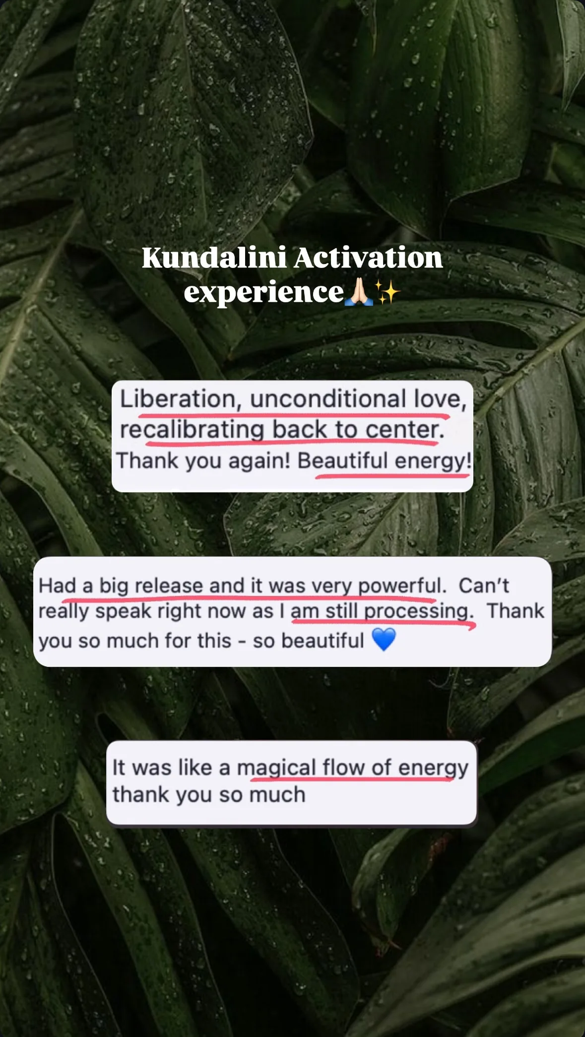 Message from a Kundalini Activation participant, shared by Alina