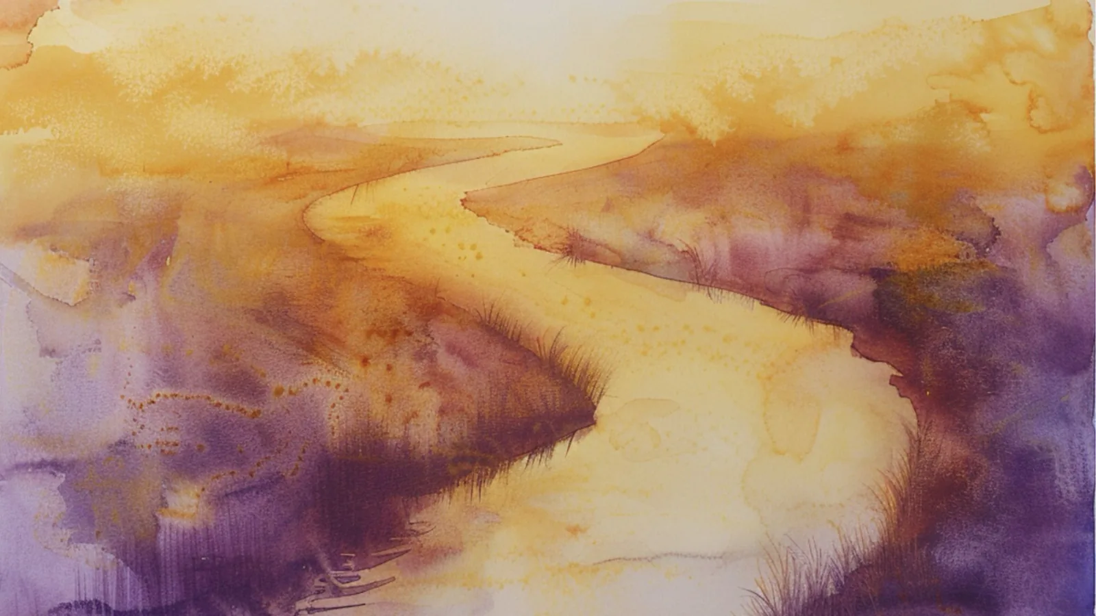 a long river in the sunset, watercolor painting)